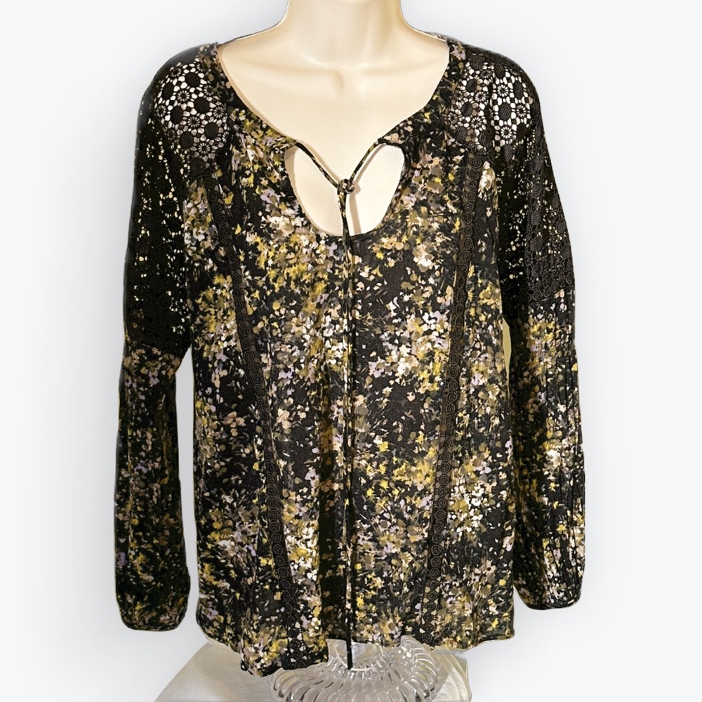 Festival Whimsigoth Dark Fairycore Lace Inset Keyhole Ditsy Floral Boho Top ~ M